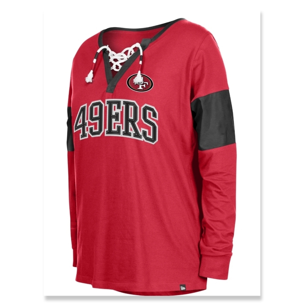 NWT Women's New Era Scarlet San Francisco 49ers Lace-Up Notch-Neck Long Sleeve T